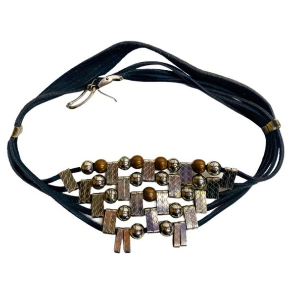Vintage 80s Metal Piece Leather Belt - Picture 1 of 11